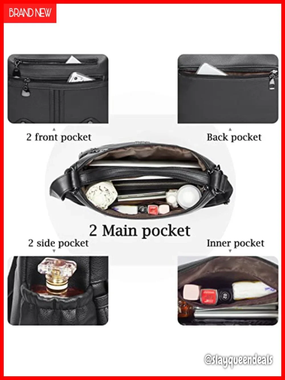 Faux Leather Satchel Handbag Multi Pocket Crossbody Tote Shoulder Bag